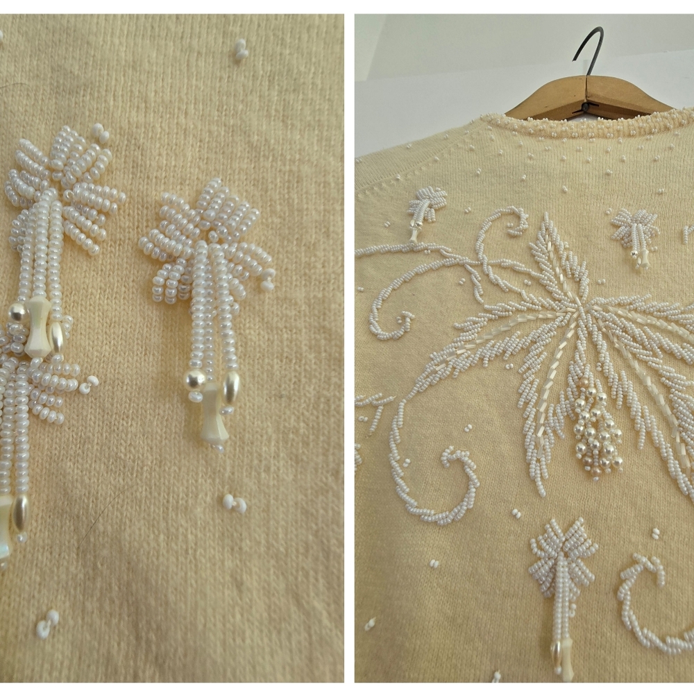 VINTAGE RARE 1950s Lambswool Angora Beaded Palm Tree Motiff Cocktail Cardigan - Picture 14 of 16